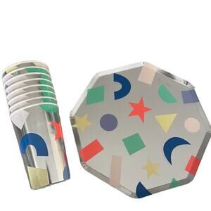 Meri Meri Silver Foil Geometric Dinner Plates (8)  Cups (8) Party Supplies NEW